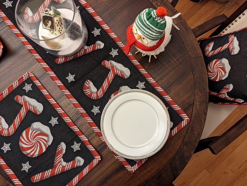 DaDa Bedding Starry Peppermint Joy Tapestry Table Runner - Festive Black Red Christmas Holiday Candy Cane Sweets - Cotton Linen Woven Kitchen Dining Mats - 13" x 90" (12904) - Image 4